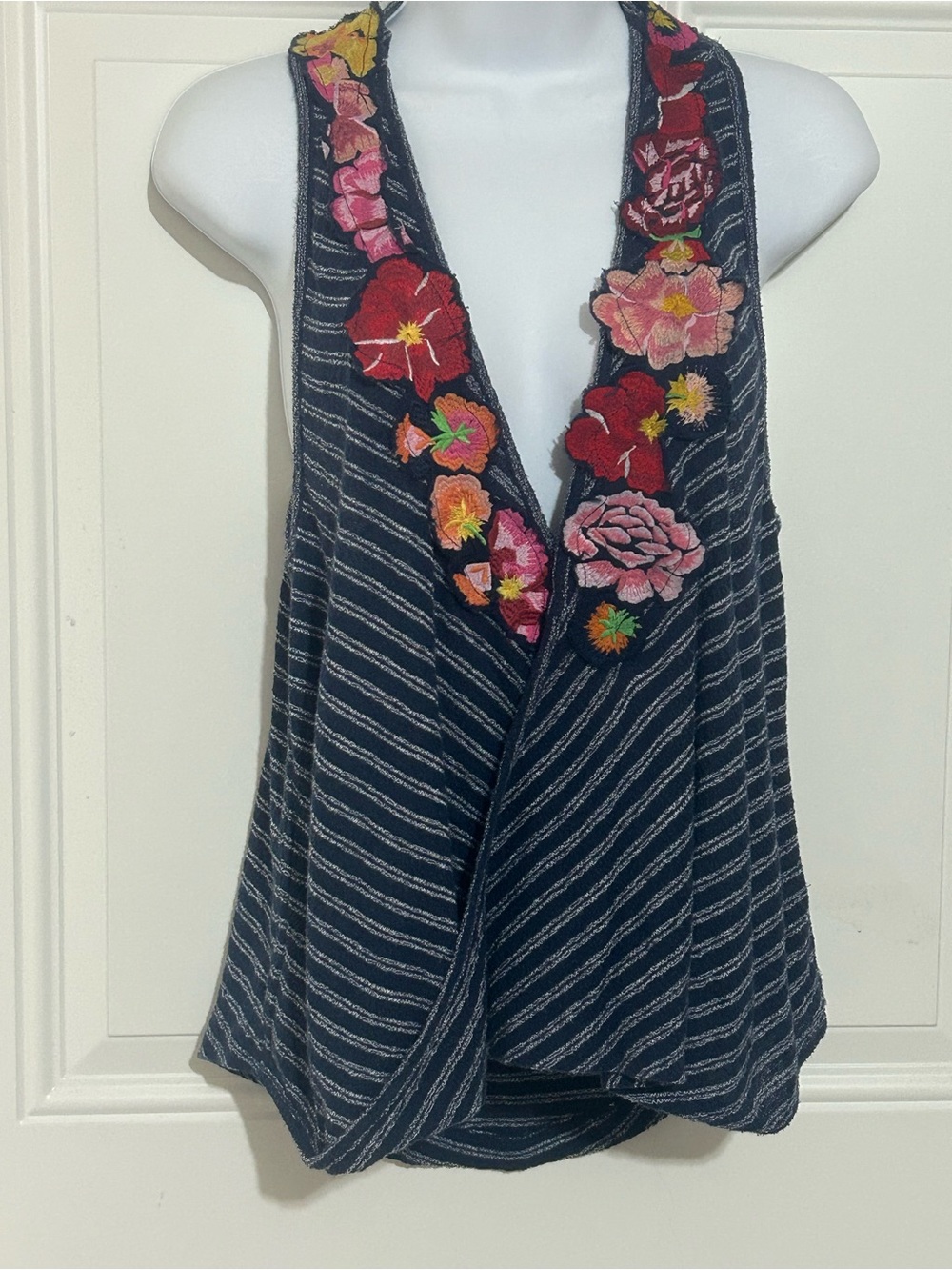 Free People Navy Striped Tank with Pink & Red Floral Embroidery